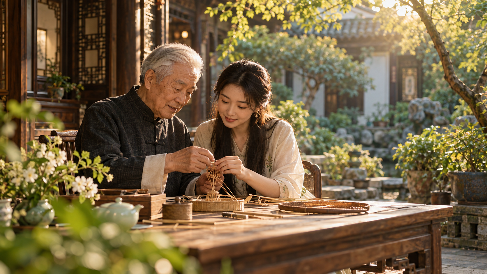 祖父向孙女传授一项手艺